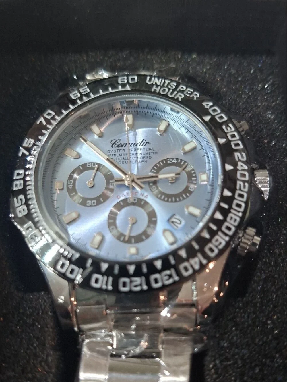 Men's Silver Stainless Steel Chronograph Watch — Polished Steel Bracelet